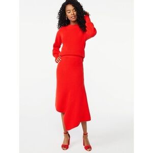 Scoop Red Ribbed Knit Asymmetrical Midi Skirt NWT SZ Large